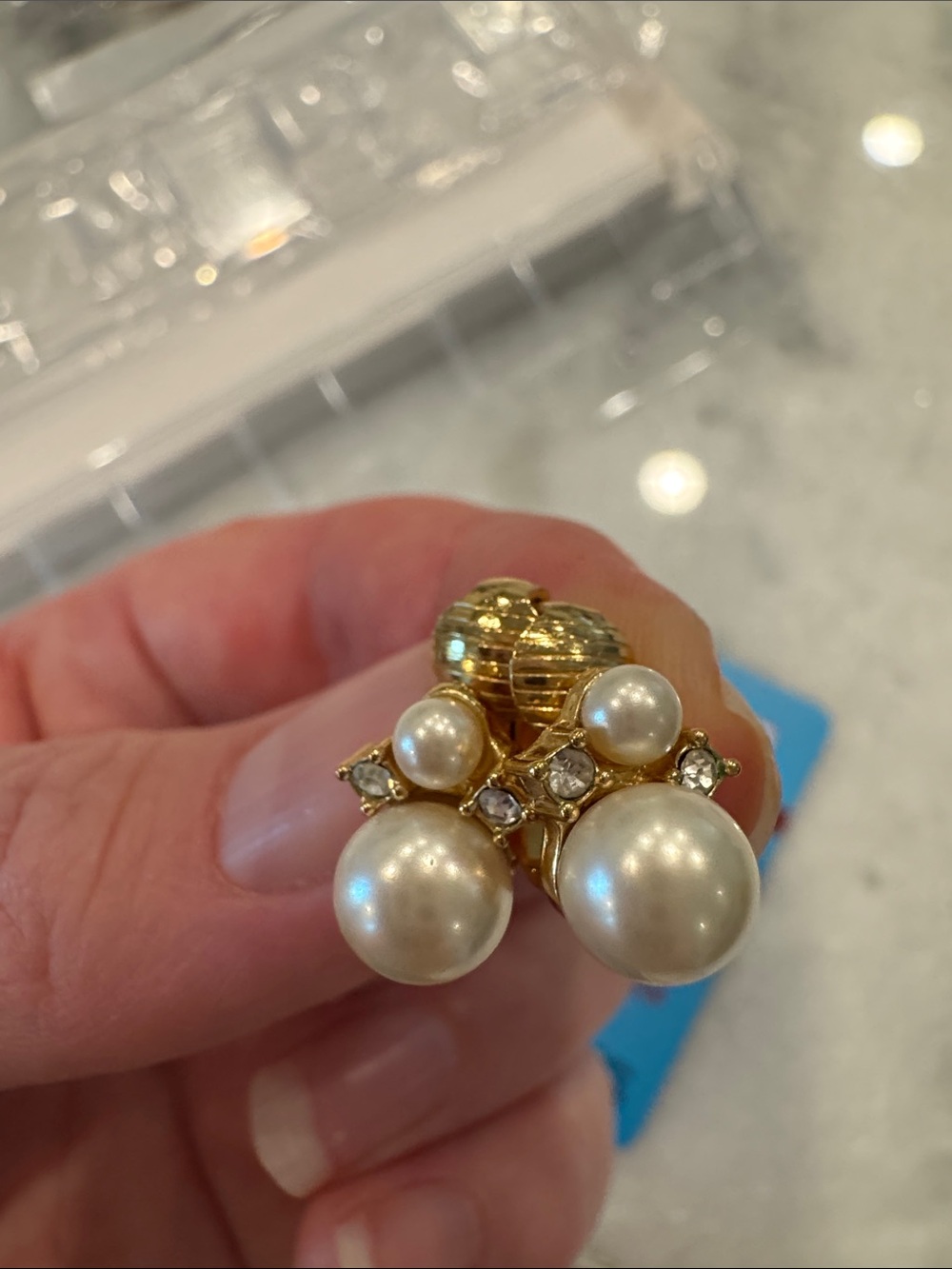 Christian Dior Gold Pearl Clip Earrings with Clear Crystal Accents - Picture 1 of 5